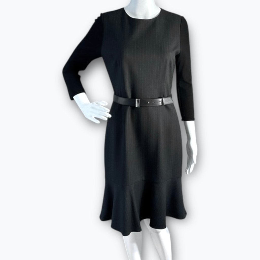 Elie Tahari Charcoal & Black Pin Stripe Wool Sleeve Flounce Hem Storm Dress 12